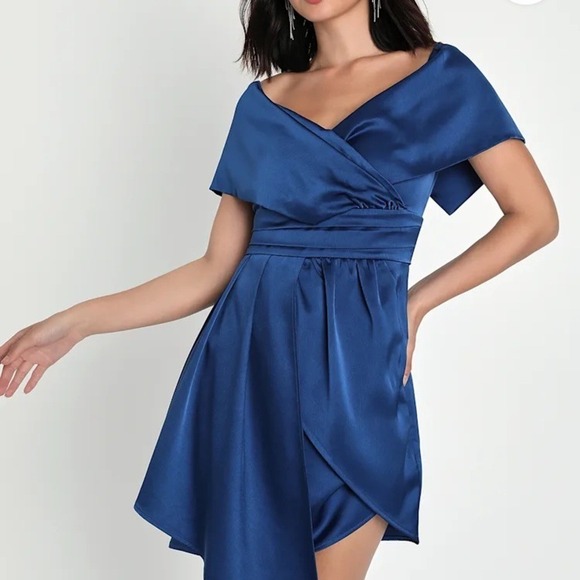 NWT Lulus Always Celebrating Navy Blue Satin Off-the-Shoulder Mini  size S - Picture 3 of 15